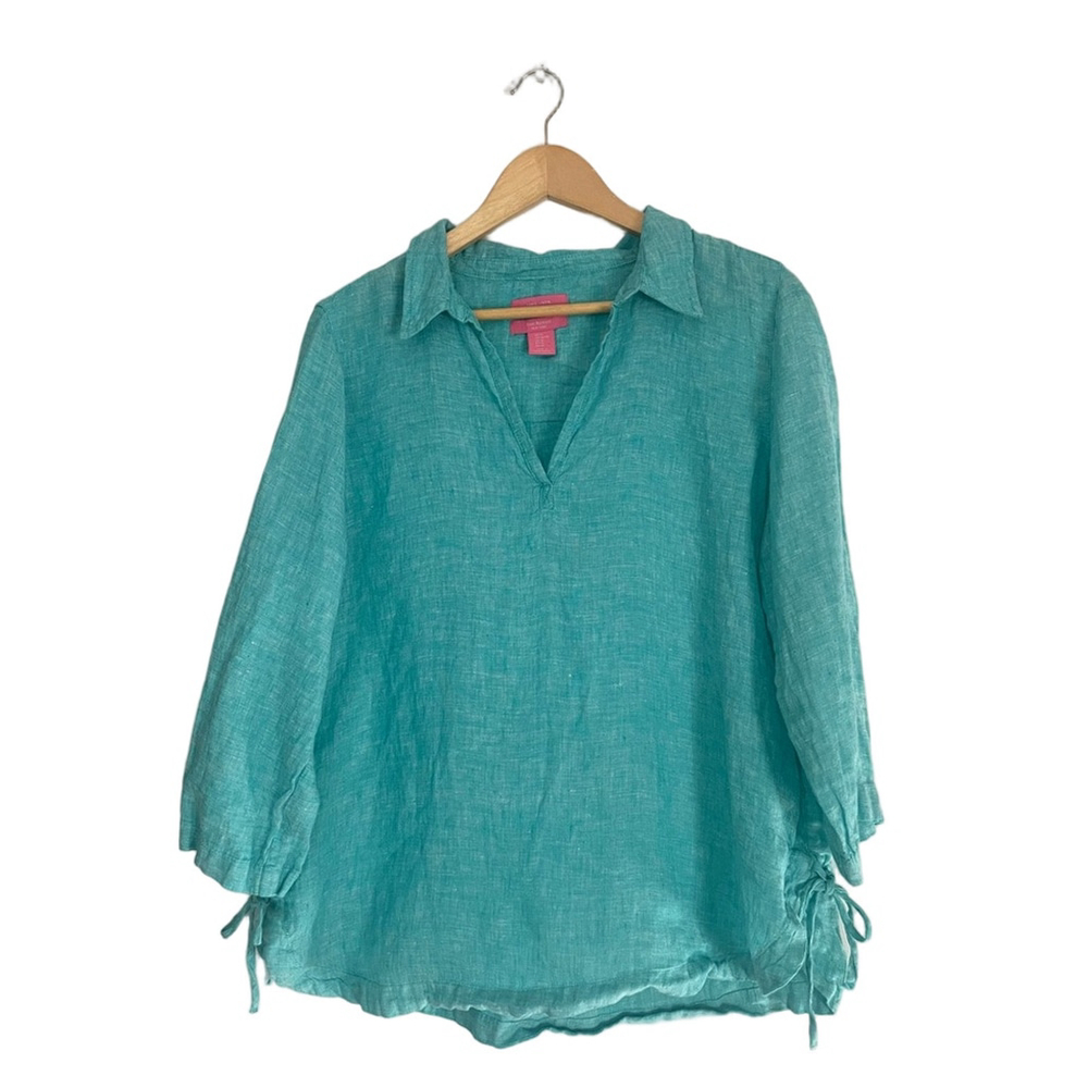 Isaac Mizrahi New York Linen Turquoise V-Neck Pullover shirt blouse 3/4 sleeve